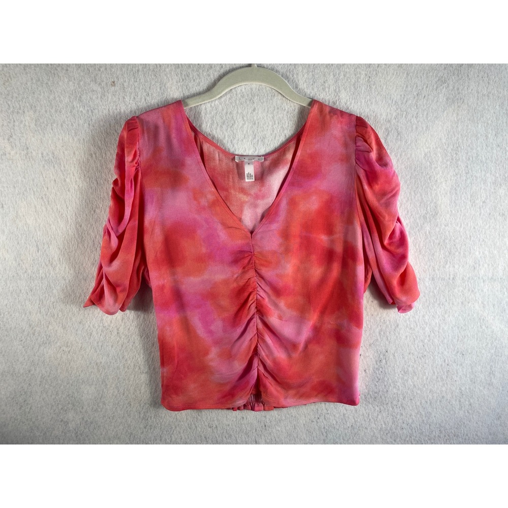 Leith Womens Pink Orange Tie Dye‎ Ruched Front Smocked Back V-Neck Top Medium